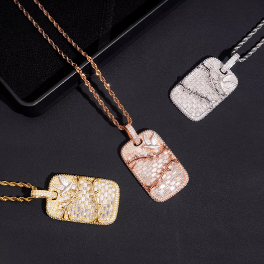 Baguette Cut Moissanite Diamond Dog Tag Pendant With Bird