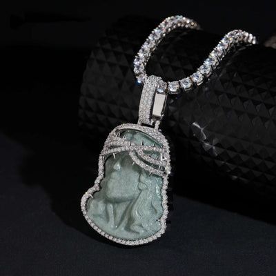 2inch Tall Iced Frame Jade Jesus Pendant Moissanite