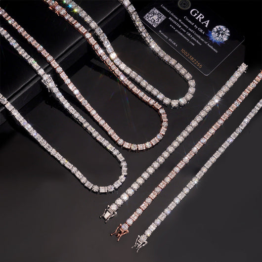 Hot Sell 5MM Round Mix Baguette Diamond Design Moissanite Tennis Necklace