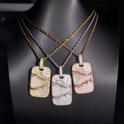 Baguette Cut Moissanite Diamond Dog Tag Pendant With Bird