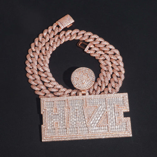 3Inch Width Round Mix Baguette Cut Name Pendant With Photo On Back