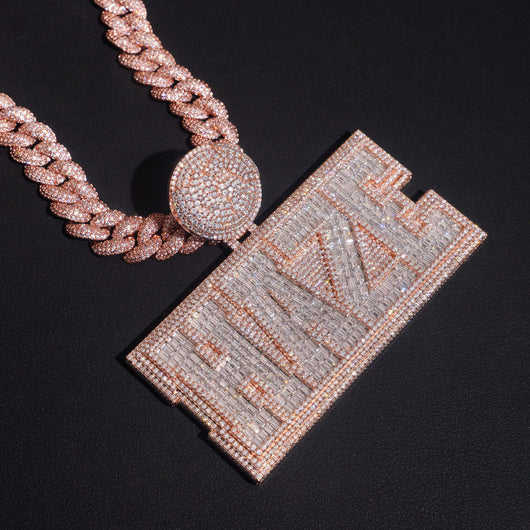 3Inch Width Round Mix Baguette Cut Name Pendant With Photo On Back