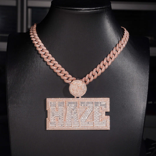 3Inch Width Round Mix Baguette Cut Name Pendant With Photo On Back