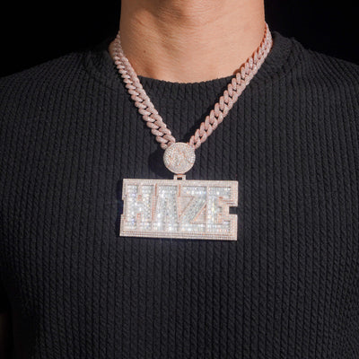 3Inch Width Round Mix Baguette Cut Name Pendant With Photo On Back