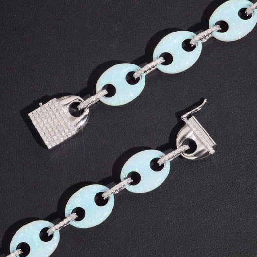 Custom Made 15MM Width Gucci Link Mariner Opal Mix Moissanite Diamond Necklace