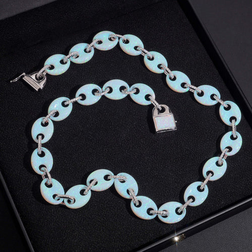 Custom Made 15MM Width Gucci Link Mariner Opal Mix Moissanite Diamond Necklace