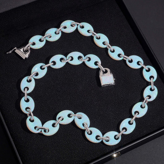 Custom Made 15MM Width Gucci Link Mariner Opal Mix Moissanite Diamond Necklace