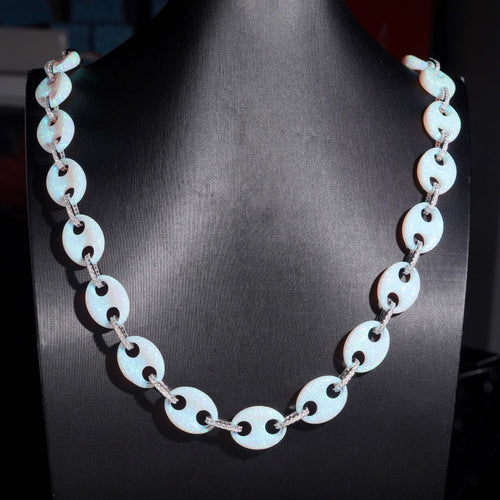 Custom Made 15MM Width Gucci Link Mariner Opal Mix Moissanite Diamond Necklace