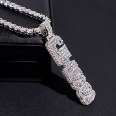 Iced Out Solid Silver VVS Moissanite Custom Made Vertical Name Pendant
