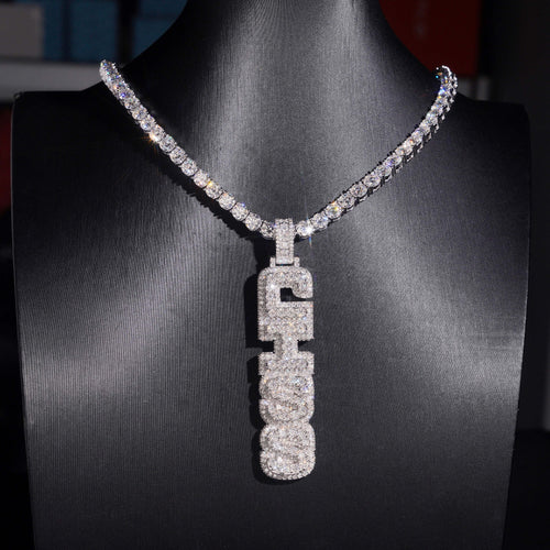 Iced Out Solid Silver VVS Moissanite Custom Made Vertical Name Pendant