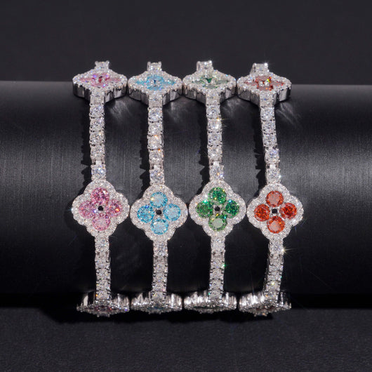 New Arrival Solid Silver Color Moissanite Clover Tennis Bracelet 3MM