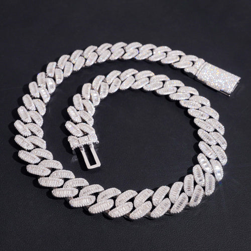 Hip Hop Jewelry 17MM Baguette Diamond Cuban Link Chain Necklace Moissanite