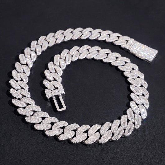 Hip Hop Jewelry 17MM Baguette Diamond Cuban Link Chain Necklace Moissanite