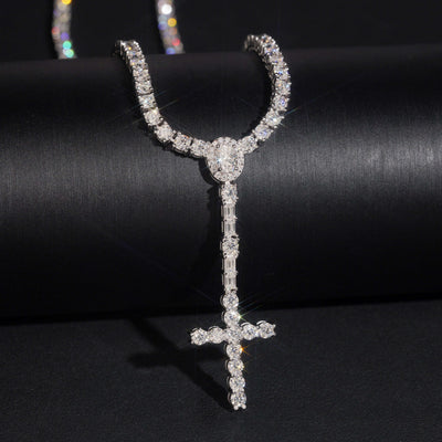 925 Silver Moissanite Diamodn 3MM Rosary Cross Tennis Chain Necklace