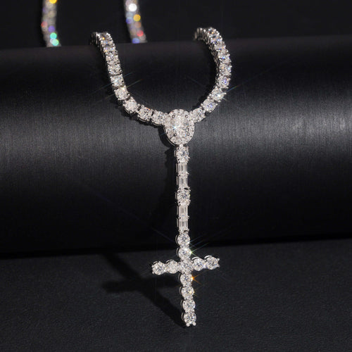 925 Silver Moissanite Diamodn 3MM Rosary Cross Tennis Chain Necklace