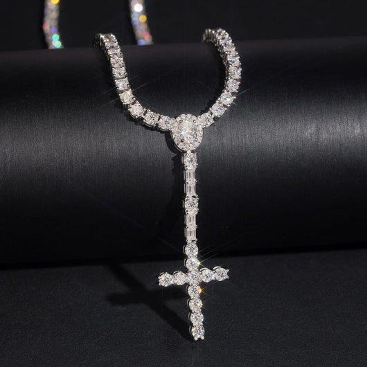 925 Silver Moissanite Diamodn 3MM Rosary Cross Tennis Chain Necklace