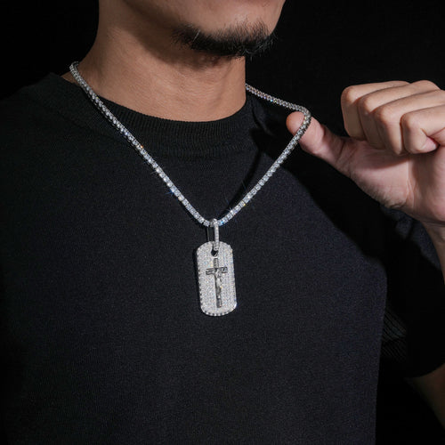 925 Silver Cross Jesus Dog Tag Pendant Moissanite Diamond Men Jewelry