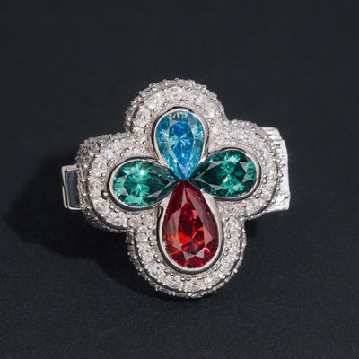 Iced Out Men Jewelry Custom Initial Clover Ring With Color Moissanite