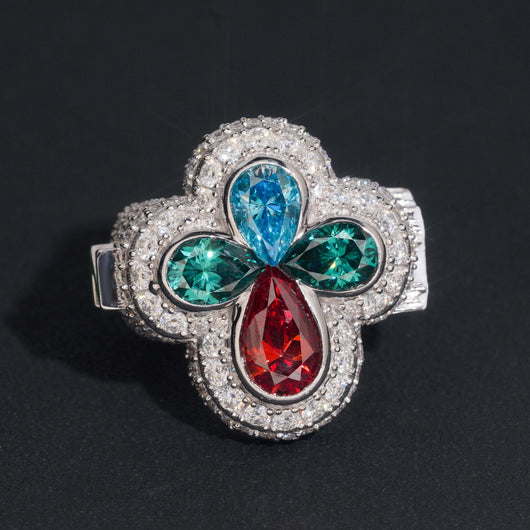 Iced Out Men Jewelry Custom Initial Clover Ring With Color Moissanite