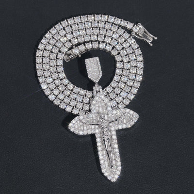 Solid Silver Jesu Cross Moissanite Pendant Match 4MM Tennis Chain