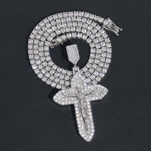 Solid Silver Jesu Cross Moissanite Pendant Match 4MM Tennis Chain