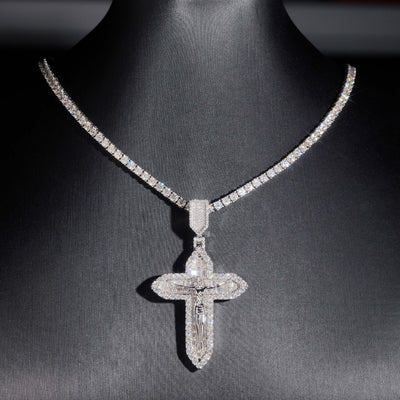 Solid Silver Jesu Cross Moissanite Pendant Match 4MM Tennis Chain