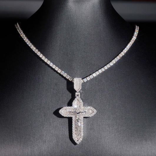 Solid Silver Jesu Cross Moissanite Pendant Match 4MM Tennis Chain