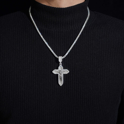 Solid Silver Jesu Cross Moissanite Pendant Match 4MM Tennis Chain