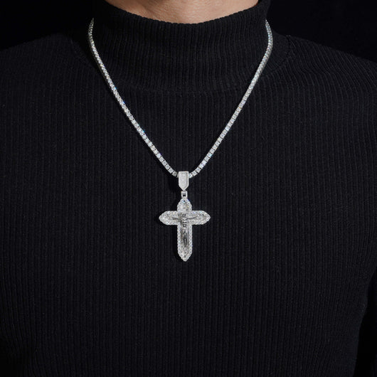 Solid Silver Jesu Cross Moissanite Pendant Match 4MM Tennis Chain