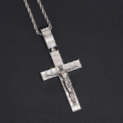 925 Sterling Silver Moissanite Jesus Baguette Cross Pendant Charm Fit For 10MM Cuban Chain