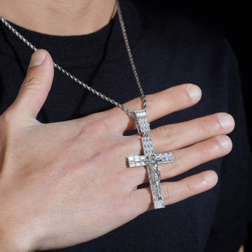 925 Sterling Silver Moissanite Jesus Baguette Cross Pendant Charm Fit For 10MM Cuban Chain