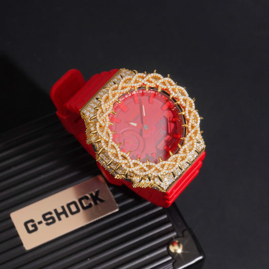 Red Strap GA2100 Gold Moissanite G Shock Watch