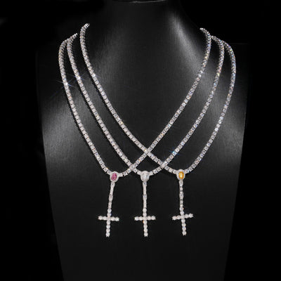 925 Silver Moissanite Diamodn 3MM Rosary Cross Tennis Chain Necklace