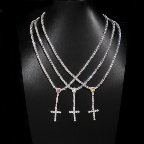 925 Silver Moissanite Diamodn 3MM Rosary Cross Tennis Chain Necklace