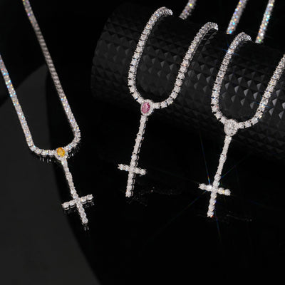 925 Silver Moissanite Diamodn 3MM Rosary Cross Tennis Chain Necklace