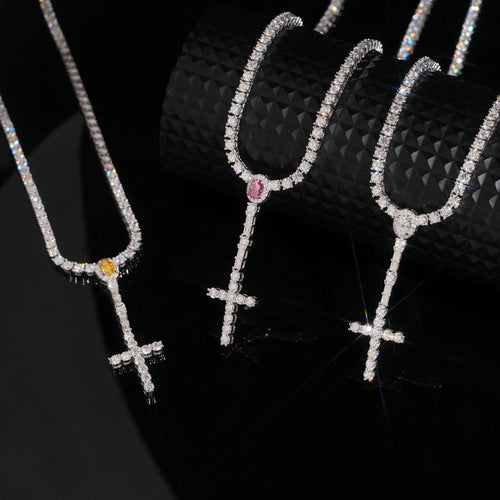 925 Silver Moissanite Diamodn 3MM Rosary Cross Tennis Chain Necklace