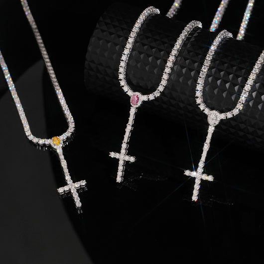 925 Silver Moissanite Diamodn 3MM Rosary Cross Tennis Chain Necklace