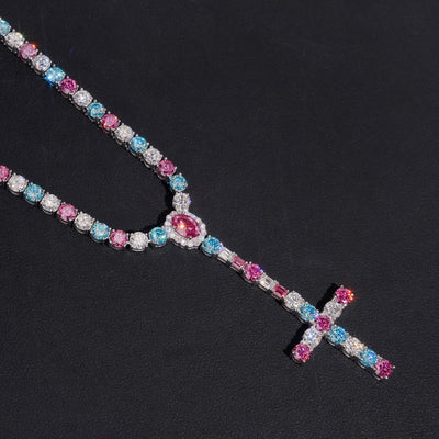 Three Color Mix Cross Tennis Rosary Necklace 5MM