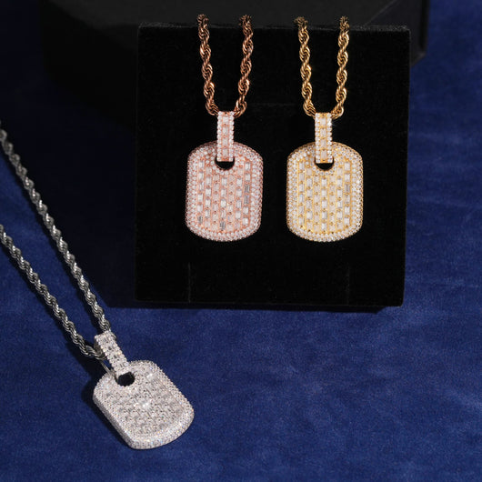 Mini Size Baguette Cut Moissanite Diamond Dog Tag Pendant