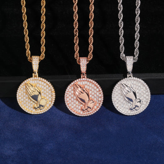 Iced Out Moissanite Hip Hop Circle Style Praying Hands Pendant
