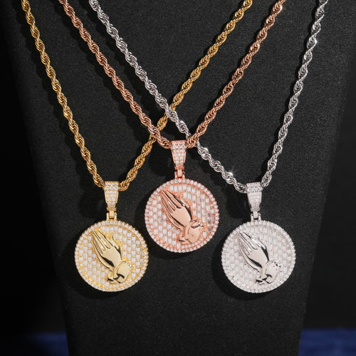 Iced Out Moissanite Hip Hop Circle Style Praying Hands Pendant