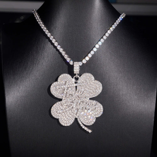 Moissanite Diamond 2Inch Clover Name Letter Pendant Match Tennis Chain