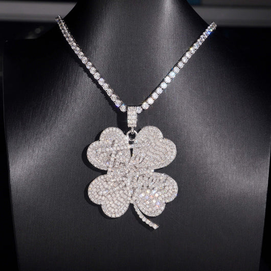 Moissanite Diamond 2Inch Clover Name Letter Pendant Match Tennis Chain