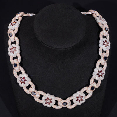 Sterling Silver 925 22MM Rose Gold Two Tone Flower Link Chain Necklace