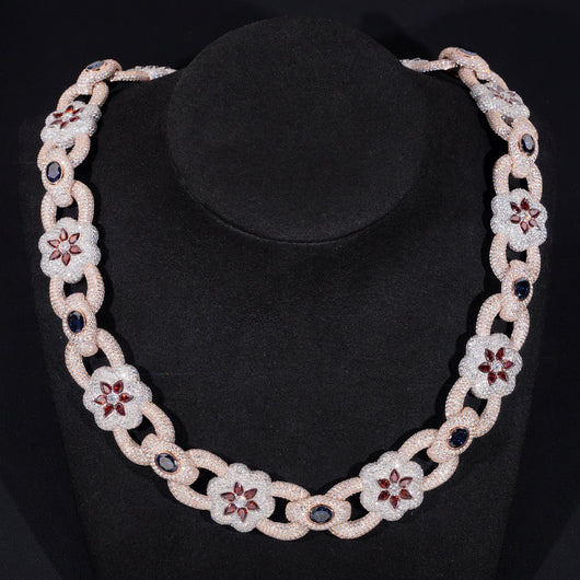 Sterling Silver 925 22MM Rose Gold Two Tone Flower Link Chain Necklace