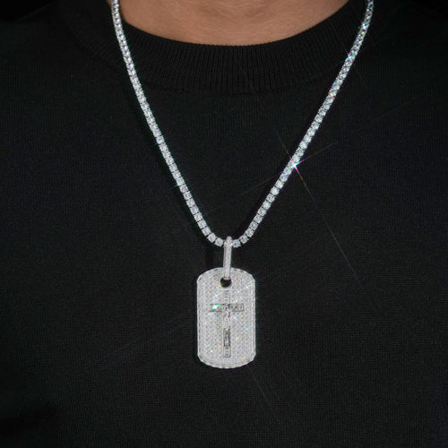 925 Silver Cross Jesus Dog Tag Pendant Moissanite Diamond Men Jewelry