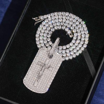 925 Silver Cross Jesus Dog Tag Pendant Moissanite Diamond Men Jewelry