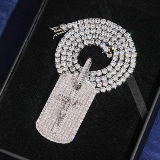925 Silver Cross Jesus Dog Tag Pendant Moissanite Diamond Men Jewelry