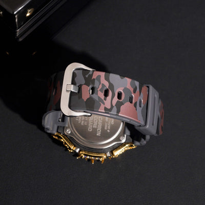 Yellow Gold Camo Band Iced Out G Shock GA2100 Watch