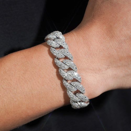 15MM Mosaic Setting Inverted Design Cuban Link Bracelet Solid Silver